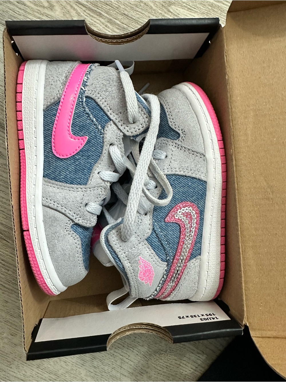Jordan Kids Grey Denim & Pink Sneakers with Hot Pink Swoosh - Picture 2 of 4